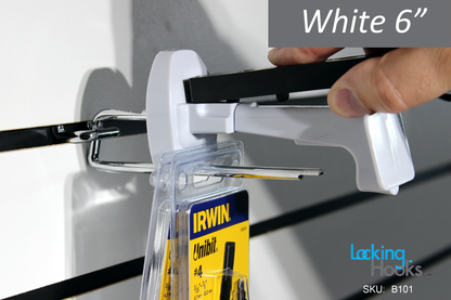 HandKey Style - 6" White Locking Security Hook for Slatwall - LockingHooks.com - 2